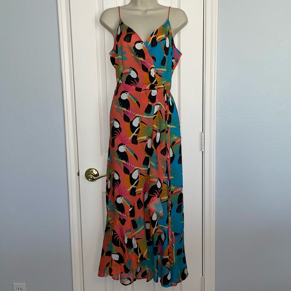Farm Rio Toucan dress in size small. New with tags. Decorative tassels ties